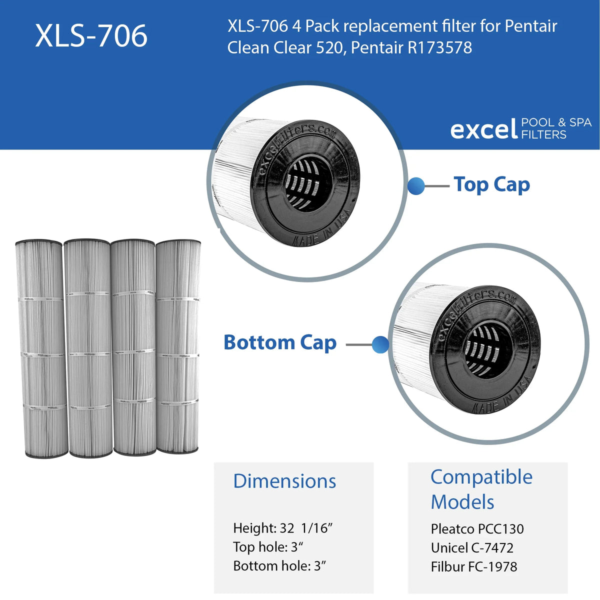 for C-7472, Clean Unicel Pentair Also 520, Pleatco PCC130 Pentair 4 Pack Filter FC-1978, Replacement R173578. Filbur Clear XLS-706 Replaces