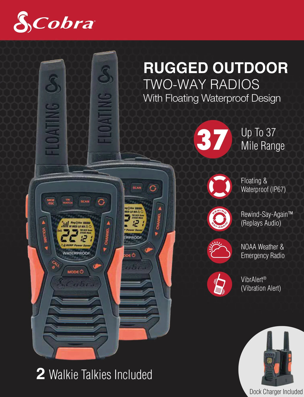 ACXT1037R-FLT - 37-mile Range Talkies Walkie Cobra Two-Way Radios Floating, Rechargeable (2-Pack)