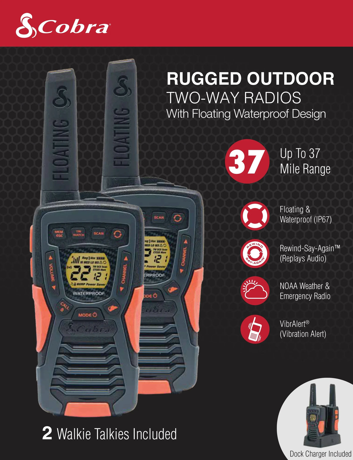 ACXT1037R-FLT - 37-mile Range Talkies Walkie Cobra Two-Way Radios Floating, Rechargeable (2-Pack)