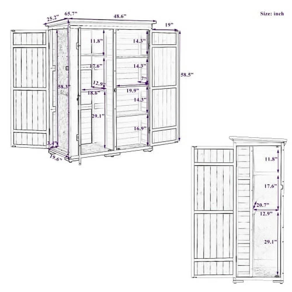 Wood Hx4.1ft Lockable Doors, 5.5ft exterior Asphalt Cabinet Garden White with Four and Roof, L Tool Shed, Multiple-tier Storage Waterproof Shelves, Gray