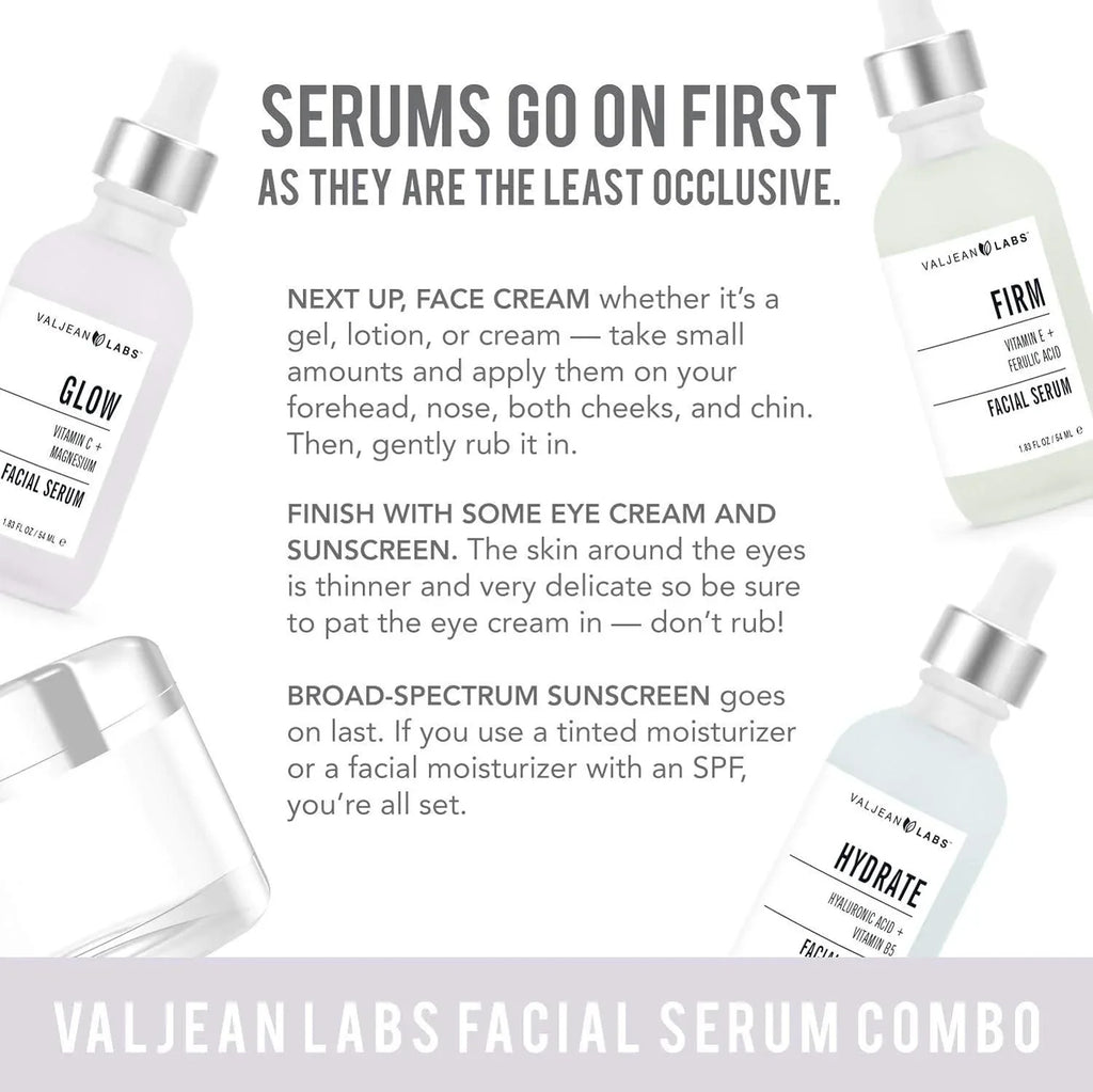 Serum, Firm - Glow, Free, and Free, Targeted Skincare Combo Facial Ingredients Cruelty Labs Paraben Supercharged, Hydrate, of Valjean Bottles - Pack 1oz