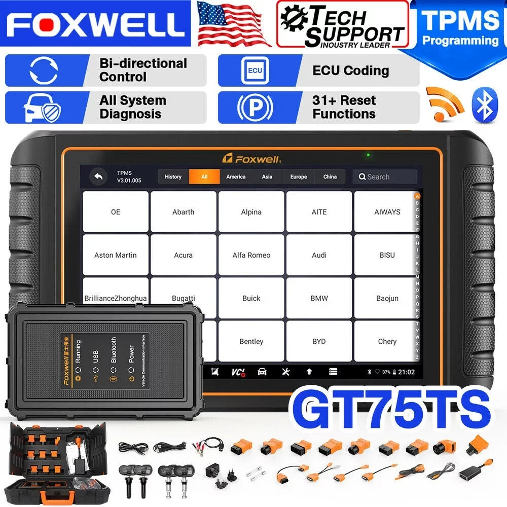GT75TS Service Code Automotive OBD2 Scanner Actuation FOXWELL Bi-Directional Tool Reader Diagnostic ECU Scan Resets Free EOBD Scan Control Test Update Car TPMS Systems 30+ Coding Full OBD Tool