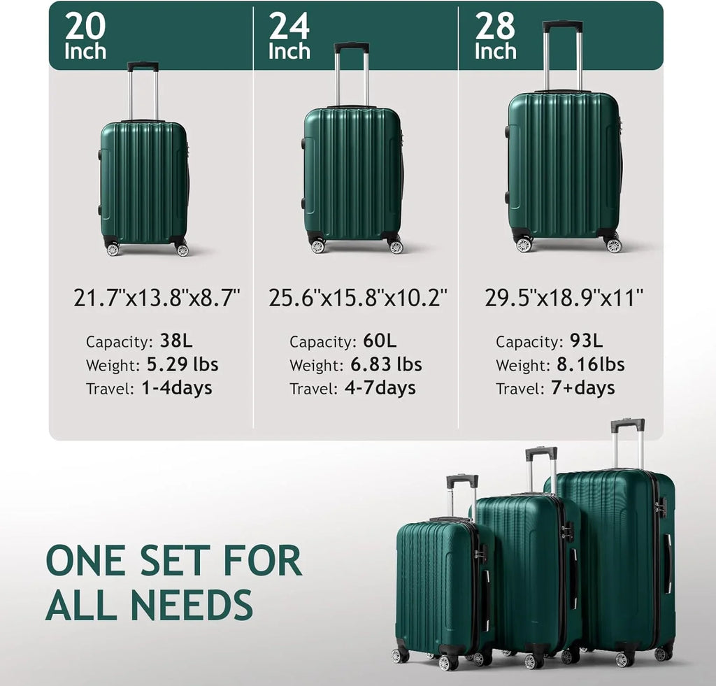 ABS Portable & Carry Spinner 3 with Travel Hardside on for Set Suitcase Lightweight Dark of Luggages Sets - lock, Green (20/24/28) Business Wheels Luggage TSA