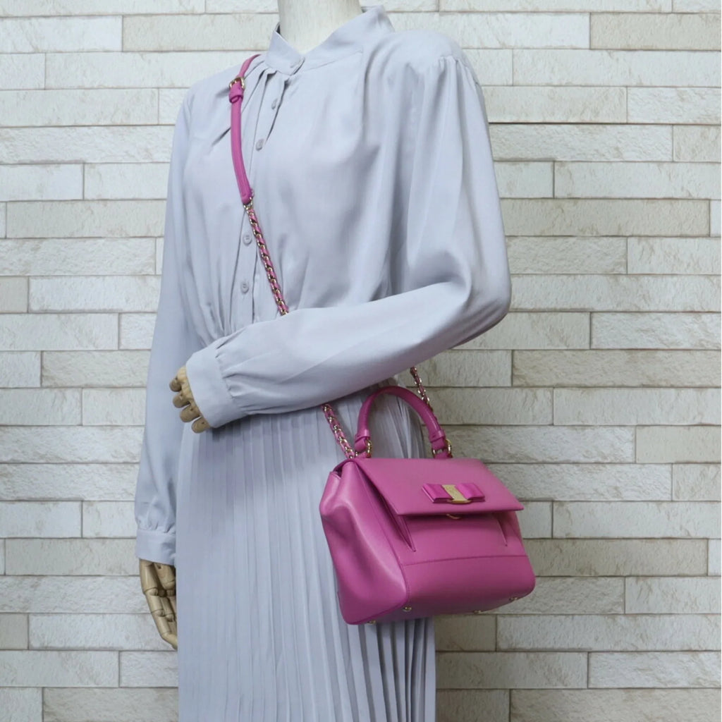 Salvatore Bag EZ-21 2way BRB10010000013177 Pink Leather Ferragamo Ladies (Good) Shoulder Vara Pre-Owned Ribbon F570