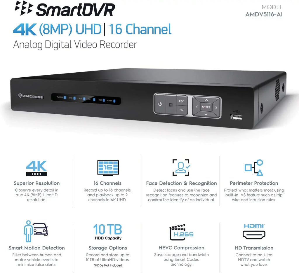 Recorder, Smart Channel DVR 4TB 4K Pre-Installed for DVR Hard Cameras AI Analog 16 Amcrest AI Security Security System DVR, IP Drive & Camera (AMDV5116-4TB) Cameras, Security Amcrest UltraHD 8MP