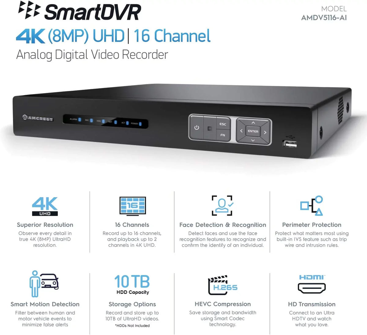 Recorder, Smart Channel DVR 4TB 4K Pre-Installed for DVR Hard Cameras AI Analog 16 Amcrest AI Security Security System DVR, IP Drive & Camera (AMDV5116-4TB) Cameras, Security Amcrest UltraHD 8MP