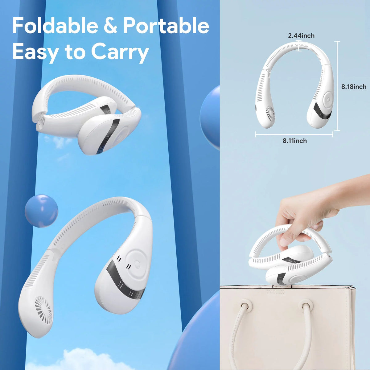 LCD White Summer Display, Neck Rechargeable Neck Folding Fanwtith Fans, Fan Bladeless USB 3 Speeds Cooling 5000mAh 360°Airflow Mini Portable