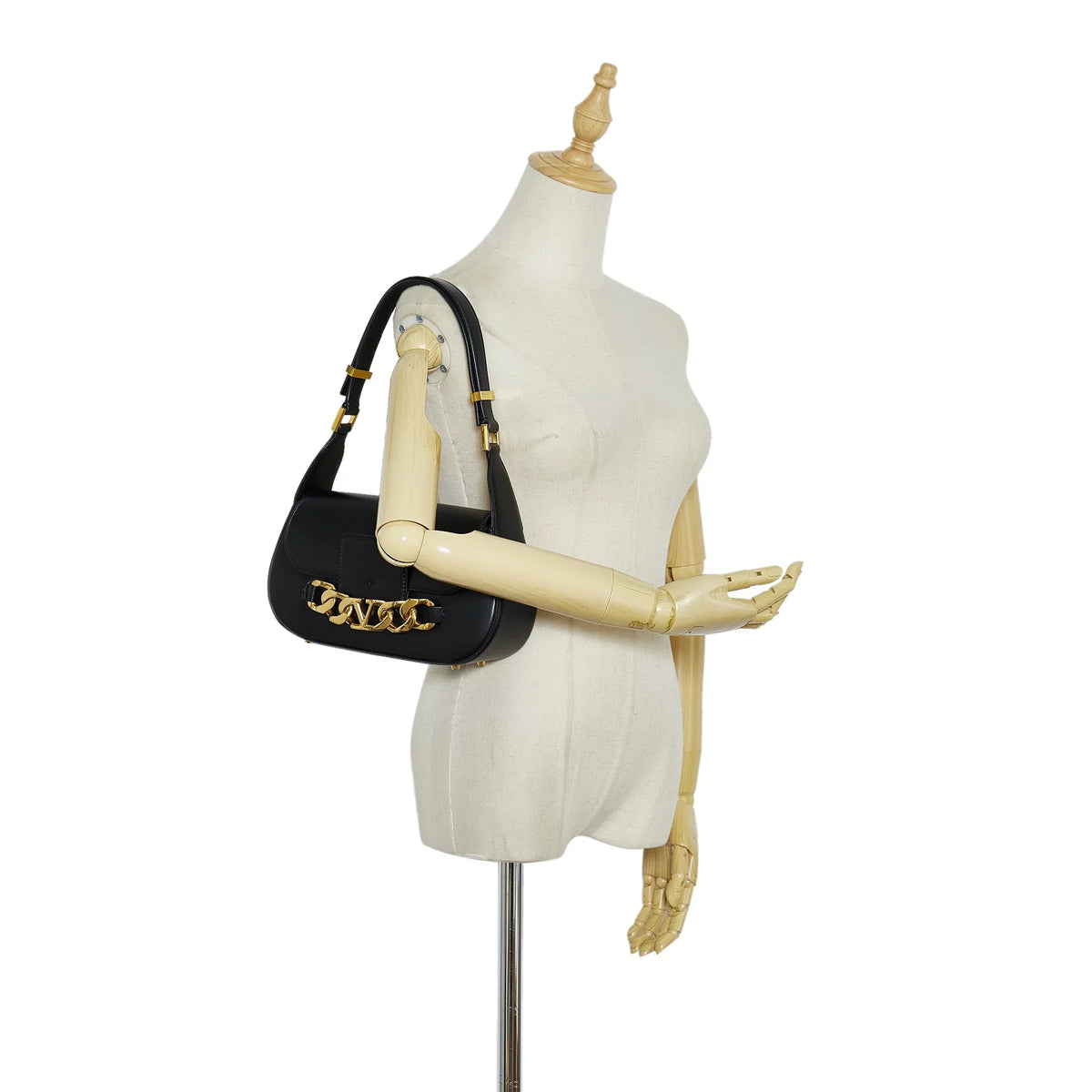 Leather Authenticated Bag Valentino (Good) Vlogo Chain Pre-Owned Black Unisex Shoulder Calf