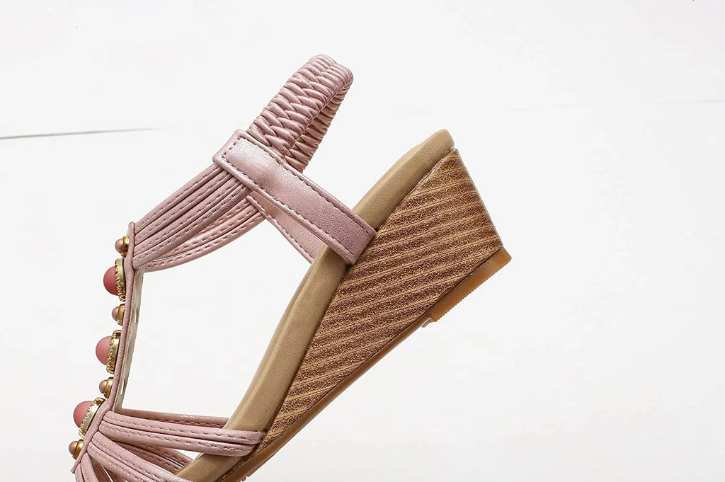 Beaded Flat Summer Women's Sandals Bohemia T-Strap Rhinestone Sandal Shoes Beach