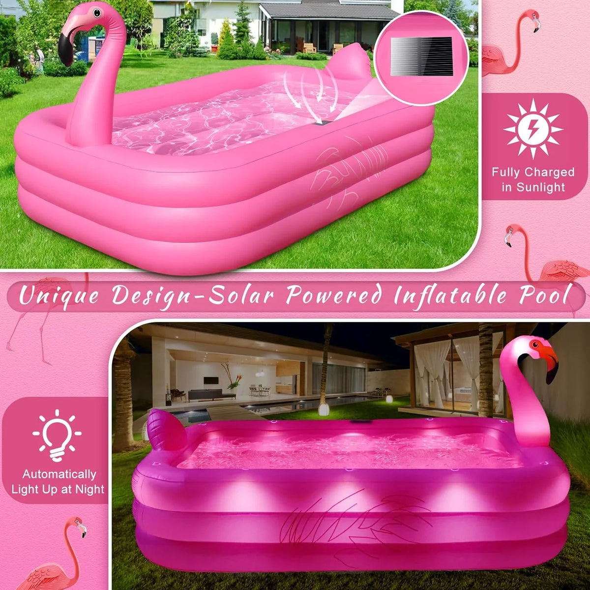 Solar up Inflatable with Durable Inflatable Inflatable Backyard,exterior Pool Pool, Kids,Adults 2024 Large Lights, Pool, Blow Kiddie Pool Pool Thickened Swimming Family for for Flamingo 105"x65"x25"