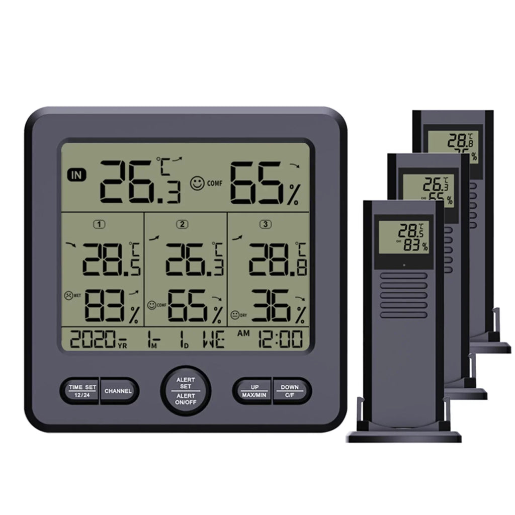 Digital Home Calibration Monitor Backlight for with Temperature Humidity with Indoor climate Transmitters Wireless exterior 98ft/ 3 Offic & Remote Alarm 30m Stations 3 Thermohygrometer Sensors Function