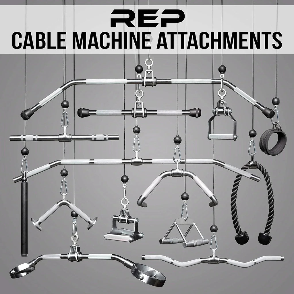 LAT Functional Cable Bar, Sports Chinning And Attachments Ankle Bar, Triangle Attachments Rope, Row Handle, Low Pulldown Tricep D-Handle, Straight Cuff, Machine Row, – Trainer And