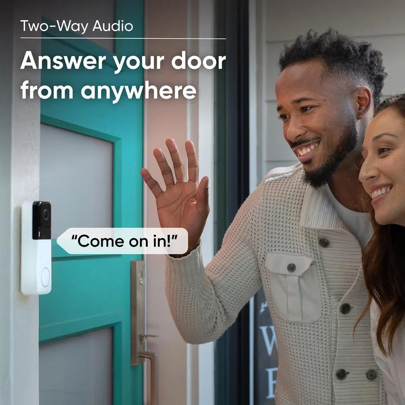 Wyze Video Video, 1:1 Night Walls, Vision, and to w/ Wireless Ratio, Battery, Alexa Audio, Sticks Color 2-Way w/ Doorbell — Camera Pro Works Assistant Doorbell QHD Adhesive Aspect