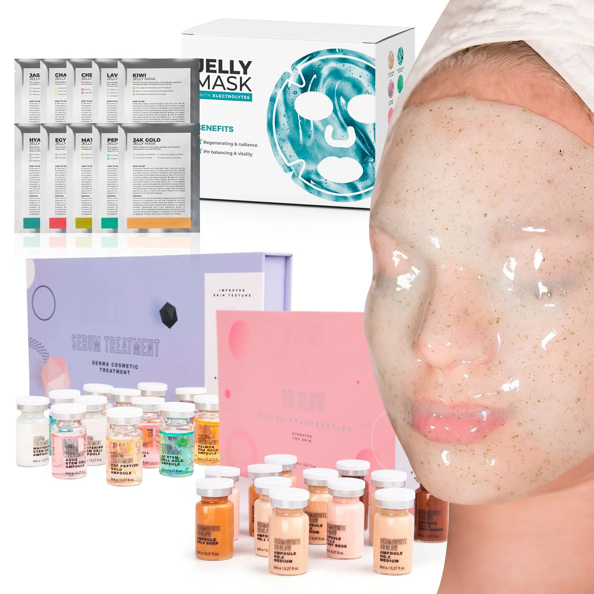 Starter + Different spa 10 set Peel-Off with 12 vials BRÜUN Jelly electrolytes BB Treatments + Face Treatment kit with Serum care kit Glow Mask