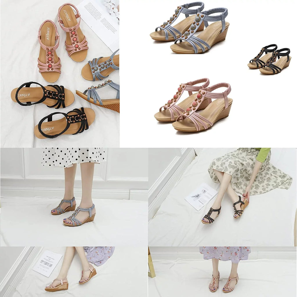Beaded Flat Summer Women's Sandals Bohemia T-Strap Rhinestone Sandal Shoes Beach