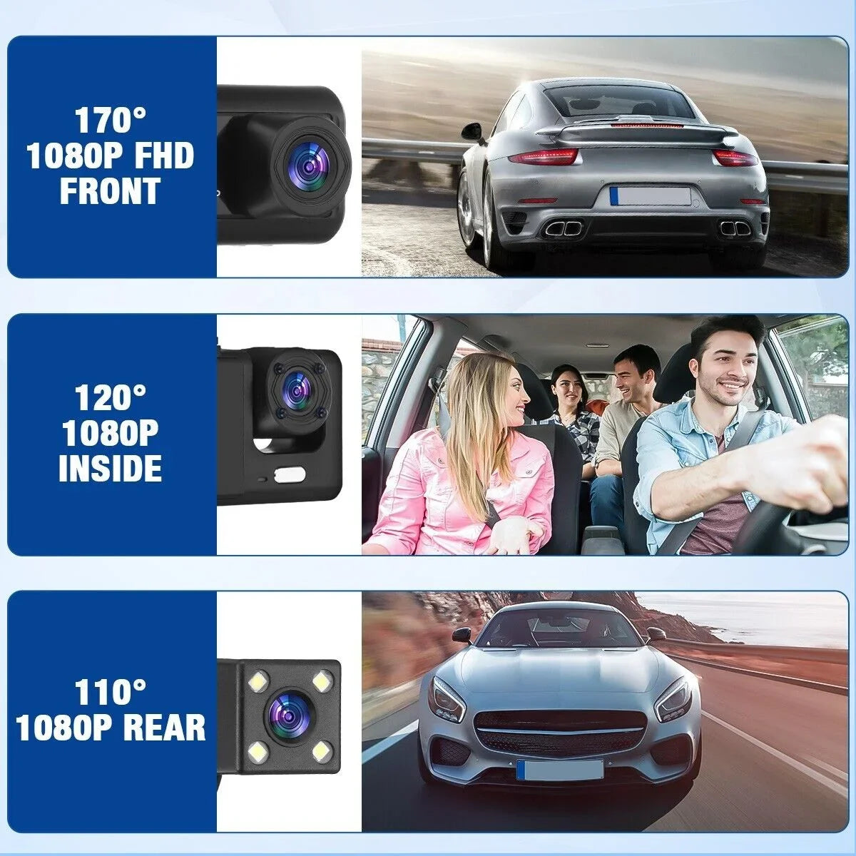 Car Recorder 1080P G-sensor Dash Lens Camera Dual Front/Rear/Inside Video Cam