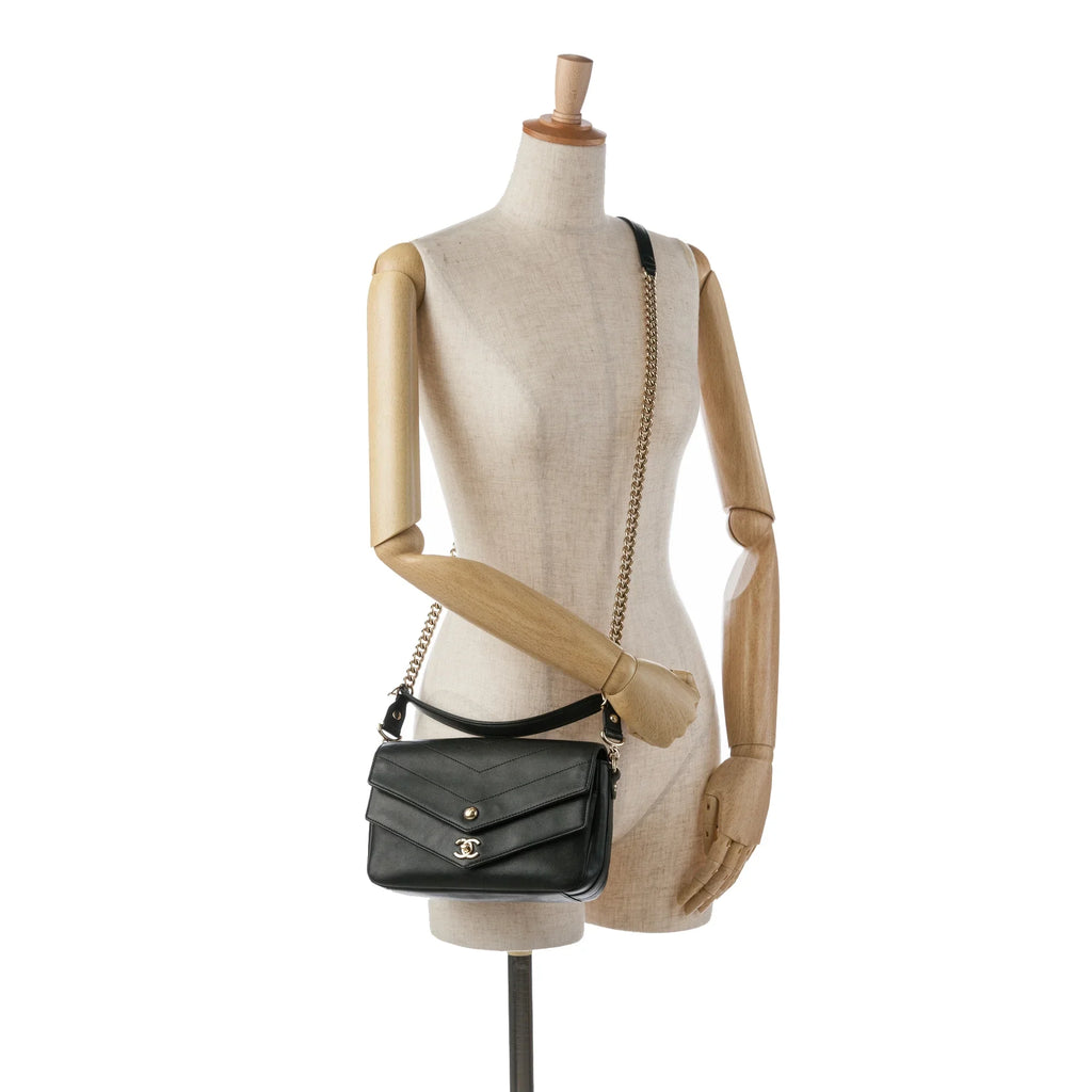 Calf Satchel Double Chevron Authenticated Black Leather (Good) Elaphe Flap Unisex Pre-Owned skin
