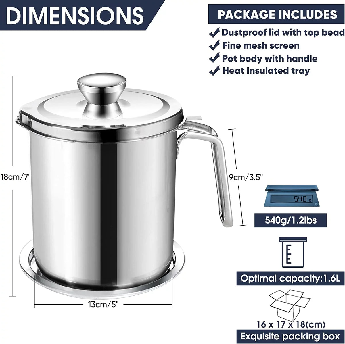 Lid Tray,for Oil Grease Storage Strainer Mesh & Oil Strainer Dust-proof Cooking Grease Strainer Can fl 67.6 Frying Storing Container,with Oil / 2L Stainless Pot oz,Food Non-slip Fine Steel