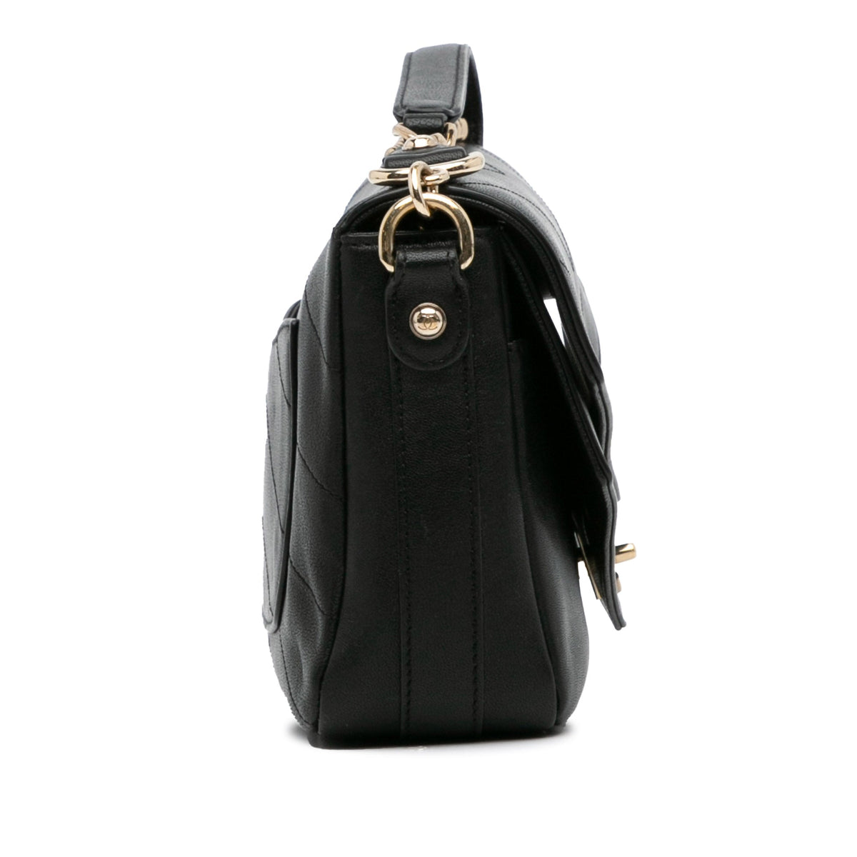 Calf Satchel Double Chevron Authenticated Black Leather (Good) Elaphe Flap Unisex Pre-Owned skin