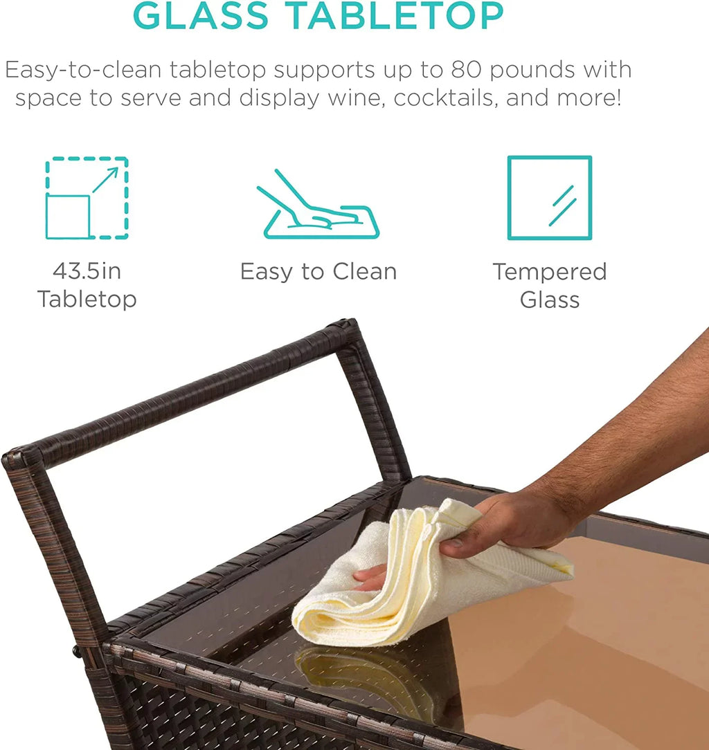 w/Removable Wicker Wine exterior Glass Compartments Glass Holders, Cart Bucket, Countertop, Ice Storage - Rolling Brown Bar