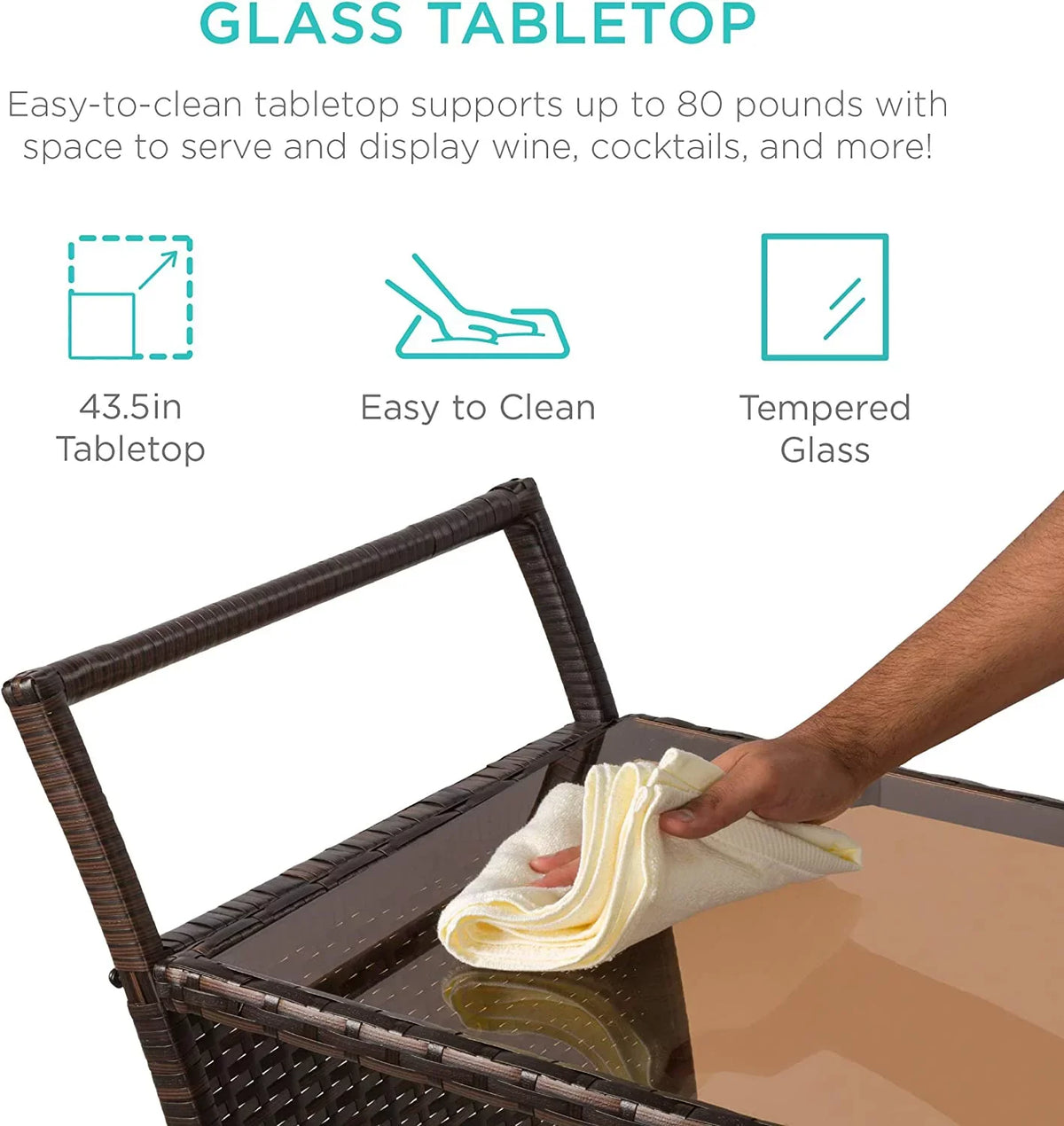 w/Removable Wicker Wine exterior Glass Compartments Glass Holders, Cart Bucket, Countertop, Ice Storage - Rolling Brown Bar