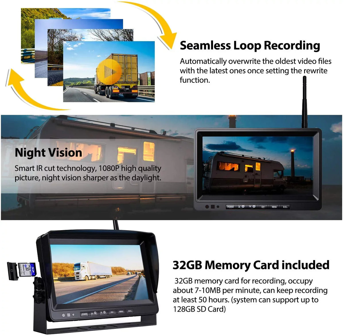 View Monitor Front IP69 Monitor, Camera Trailer Built-in FHD Rear RV for Truck 9" Side System Signal Xroose + WX4 Camper, Stable Bus Recorder Backup Extra Wireless Camera w/ 1080P Reversing Motorhome