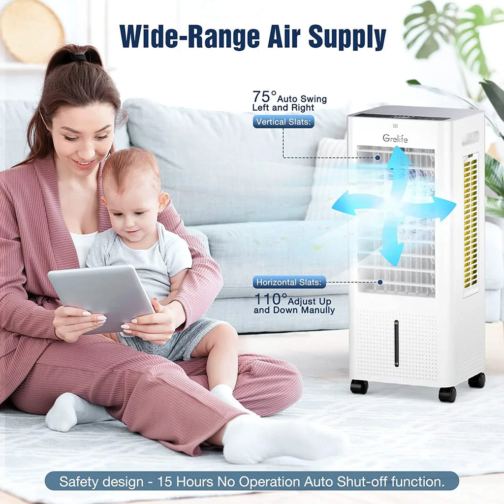 LIANMEI Cooler Portable Cooling liquid Swamp 12H Timer, Control, Cooler, 3 Modes, Speeds, 3 for Air 3-IN-1 Bedroom Air Personal Home 4 Evaporative Packs, Ice Fan with Tank, Office Cooler 1.58Gal Remote