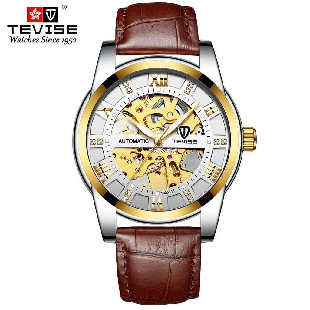 Father, Gift Gift for Best Tourbillon Automatic Friend, Band Graduation Mechanical Brown Luminous Him, Waterproof Watch for Boy Leather Luxury Men Skeleton Husband