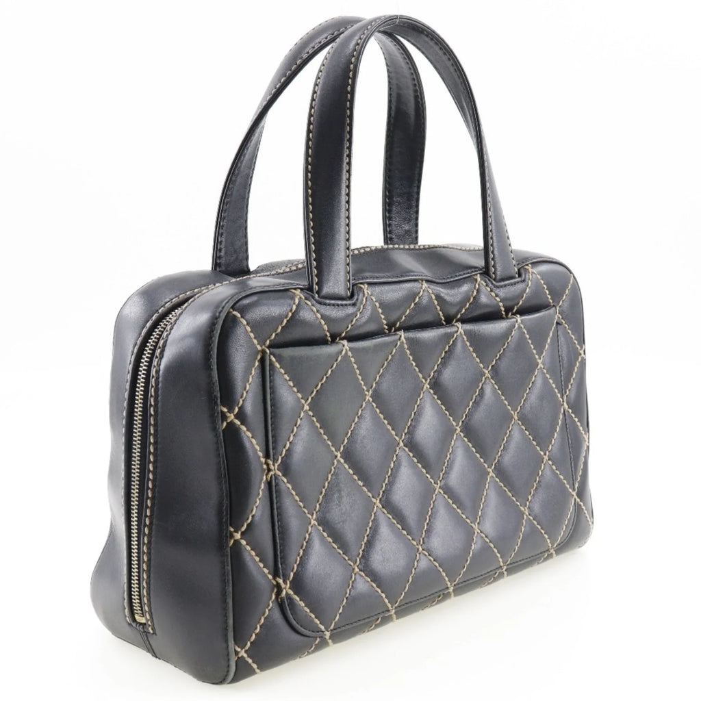 Boston Pre-Owned Wild Handbag Ladies Black Calf Mini (Fair) A14692 Stitch