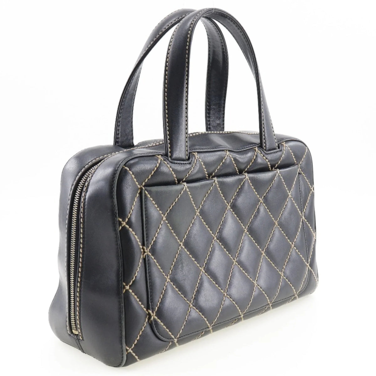 Boston Pre-Owned Wild Handbag Ladies Black Calf Mini (Fair) A14692 Stitch