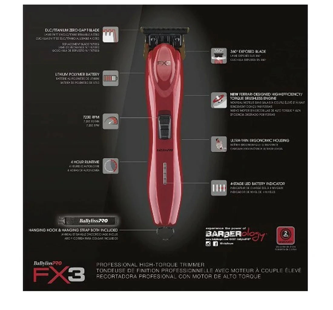 BaByliss Trimmer #FXX3T Red Hair Zero-Gap Pro FX3 T-Blade High-Torque Cordless