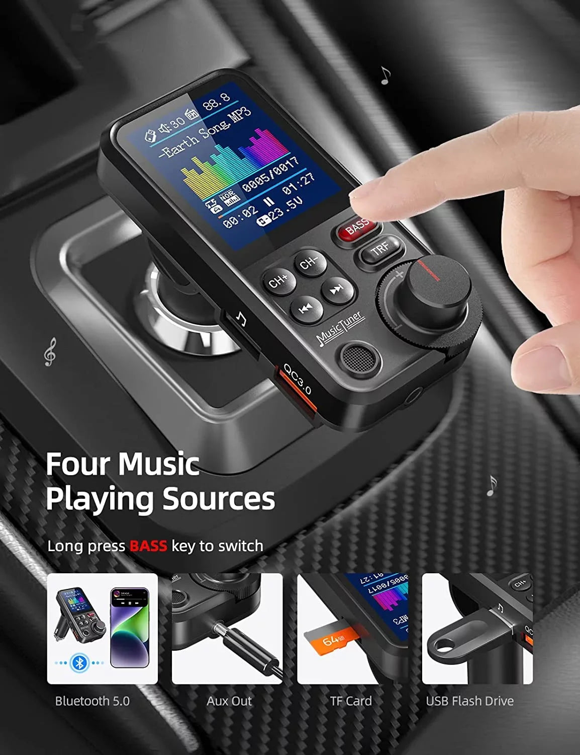 FM Transmitter Color Supports car, Strong Bluetooth and Calls, 1.8" Bluetooth Music Free Adapter for KM30 Microphone Bass Charging, Sound Player- Car QC3.0 for Treble Hands Screen with