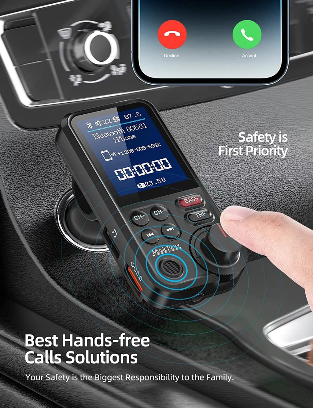 FM Transmitter Color Supports car, Strong Bluetooth and Calls, 1.8" Bluetooth Music Free Adapter for KM30 Microphone Bass Charging, Sound Player- Car QC3.0 for Treble Hands Screen with
