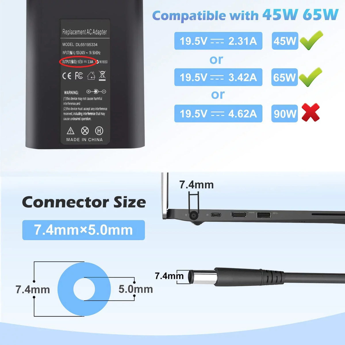 E6540 5500 Laptop AC 3440 5400 Charger E5470 E5450 7480 E7480 E6420 5480 LA65NM130 7490 for E7470 E5400 7390 Latitude LA65NS2-01 E6430 Adapter 65W E5420 7400