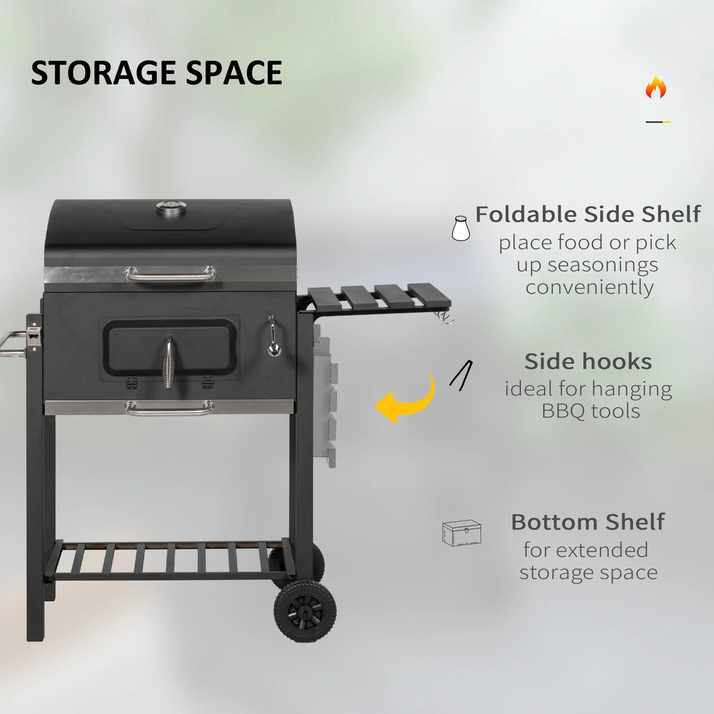 Wheels Portable Bottom Camping Or with Storage Homiyad Cooker for Handle, Charcoal Side Grill, Table, exterior and BBQ Picnic Backyard Shelf, Black