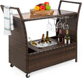 w/Removable Wicker Wine exterior Glass Compartments Glass Holders, Cart Bucket, Countertop, Ice Storage - Rolling Brown Bar