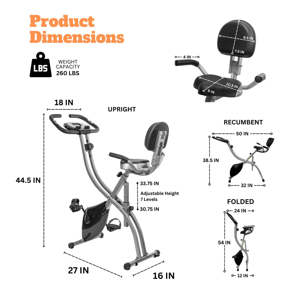 Stationary Heart Adjustment Rate and 8 in 3 of Upright Cardio Fitness Levels Exercise 1 Arm Sensor, Capacity, Bike, Recumbent Back Home 260 LBS Bike LCD workout, Cycle Folding Rest,