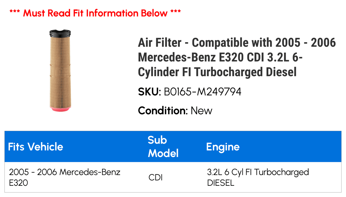 3.2L E320 2006 FI Diesel - - Mercedes-Benz Compatible 2005 Filter Turbocharged Air CDI 6-Cylinder with