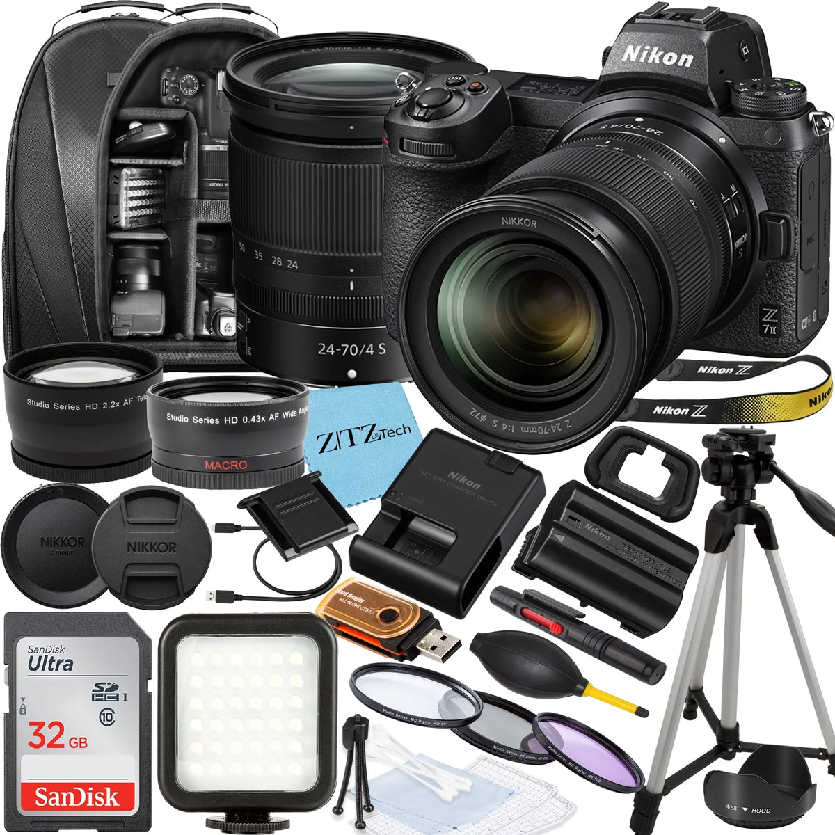 Mirrorless and II Nikon Lens, 24-70mm f/4 Camera Memory Backpack, Z7 NIKKOR S 32GB SanDisk Accessory with Bundle Z Card, Tripod ZeeTech Flash,
