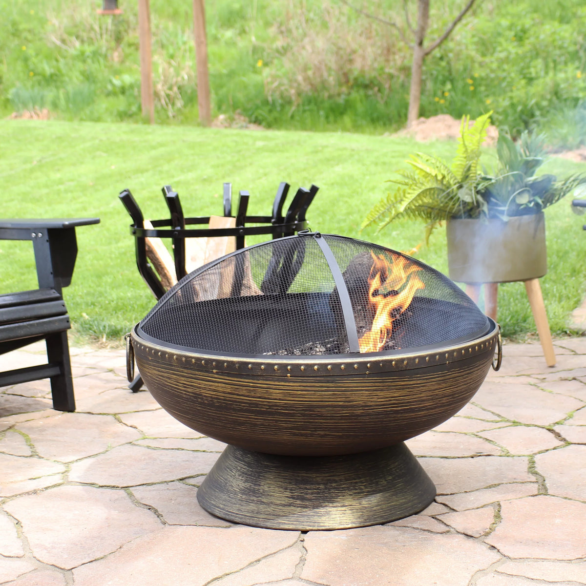 Spark and Poker Fire 30" Pit Steel with Royal Sunnydaze Screen exterior