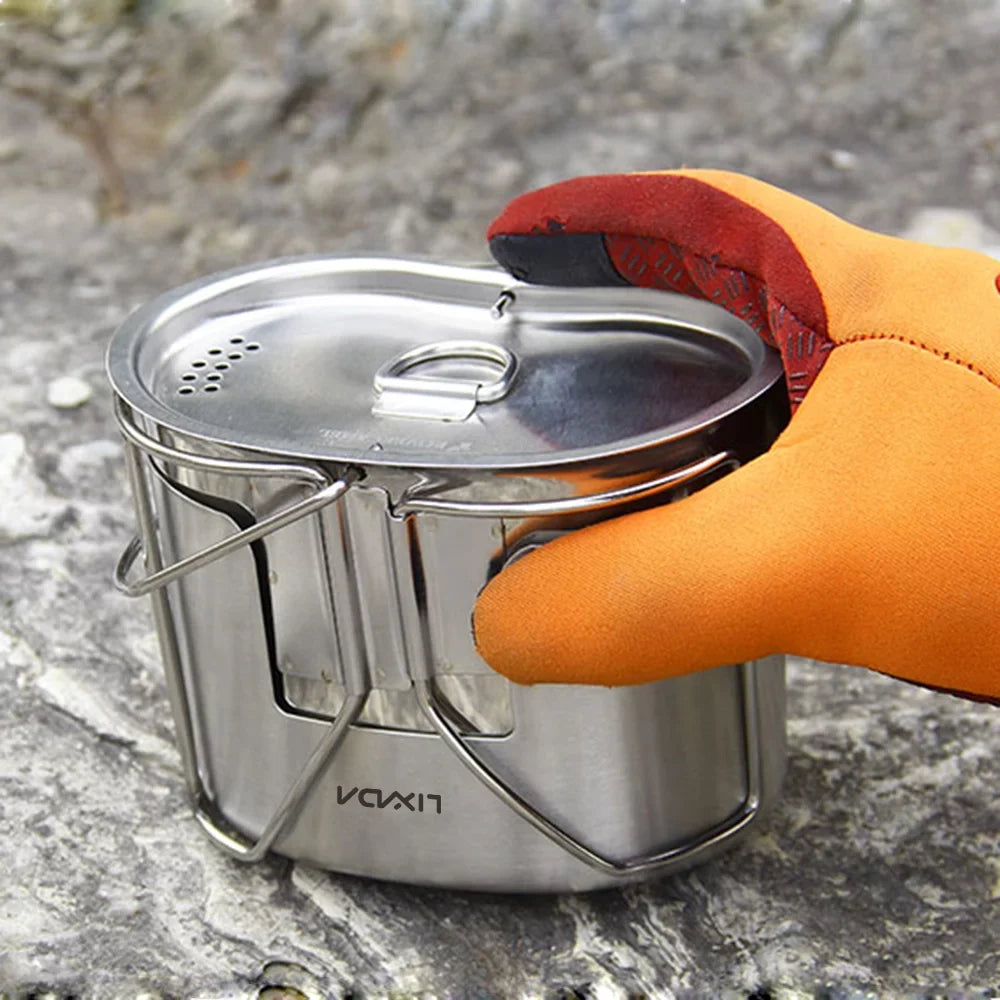 Set Reliable Hiking Picnic Survival Camping Practical Cookware Cooking and Backpacking with for Pot Hanging - Stainless Stove Canteen Equipment Cup Steel Lixada Wood