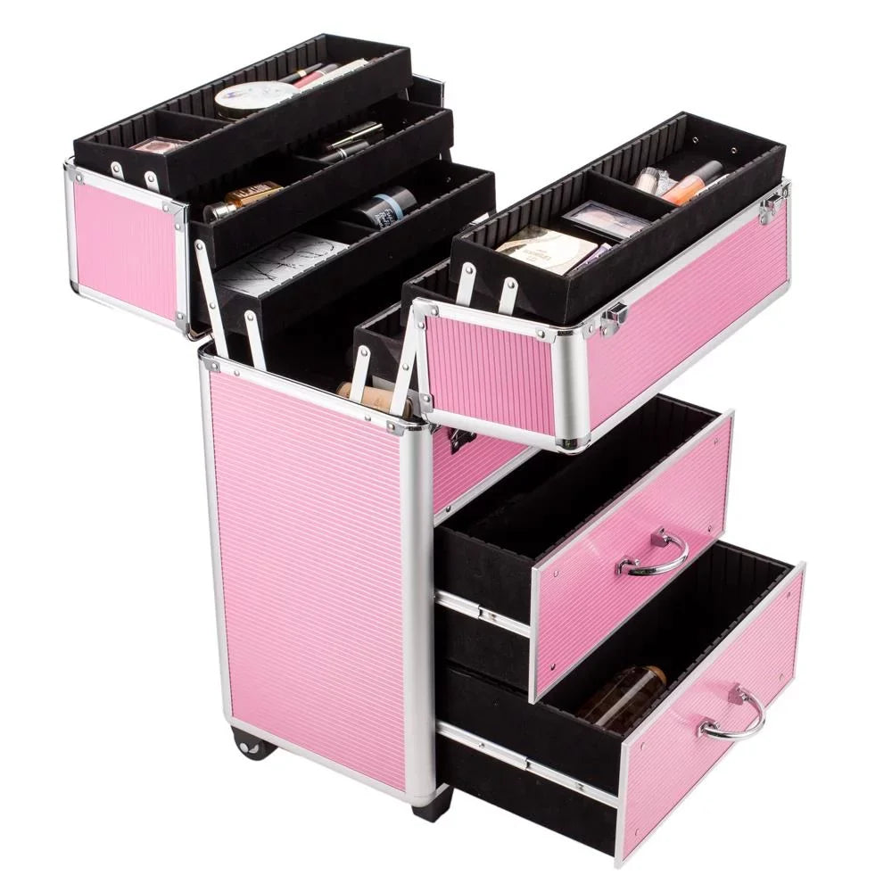 Storage Trolley, Case, Makeup Cosmetic Box in 1 Aluminum Train 3 Lockable Ktaxon Pink Pro Rolling