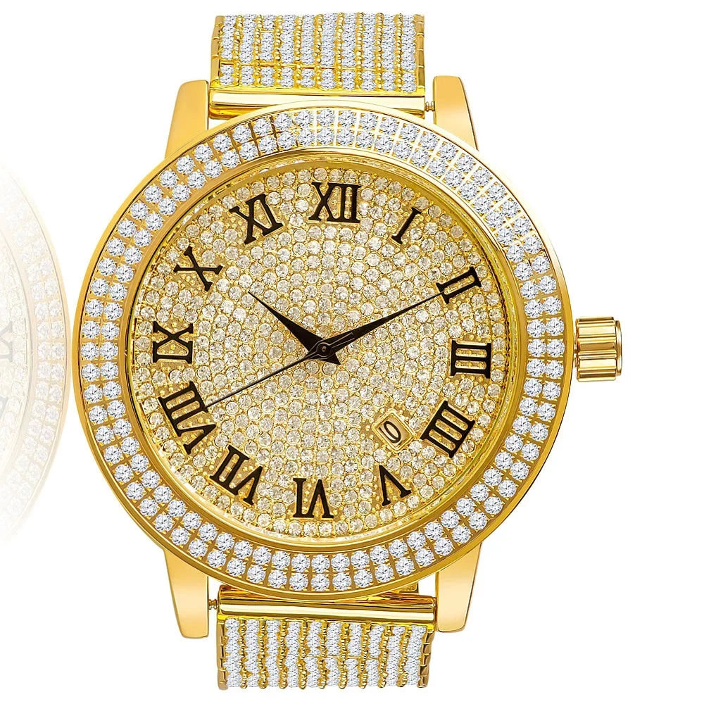 Watch Function Simulated W/Date Rodeo Gold Custom Joe Khronos Diamonds Face Roman Yellow Jojino Tone Jojo