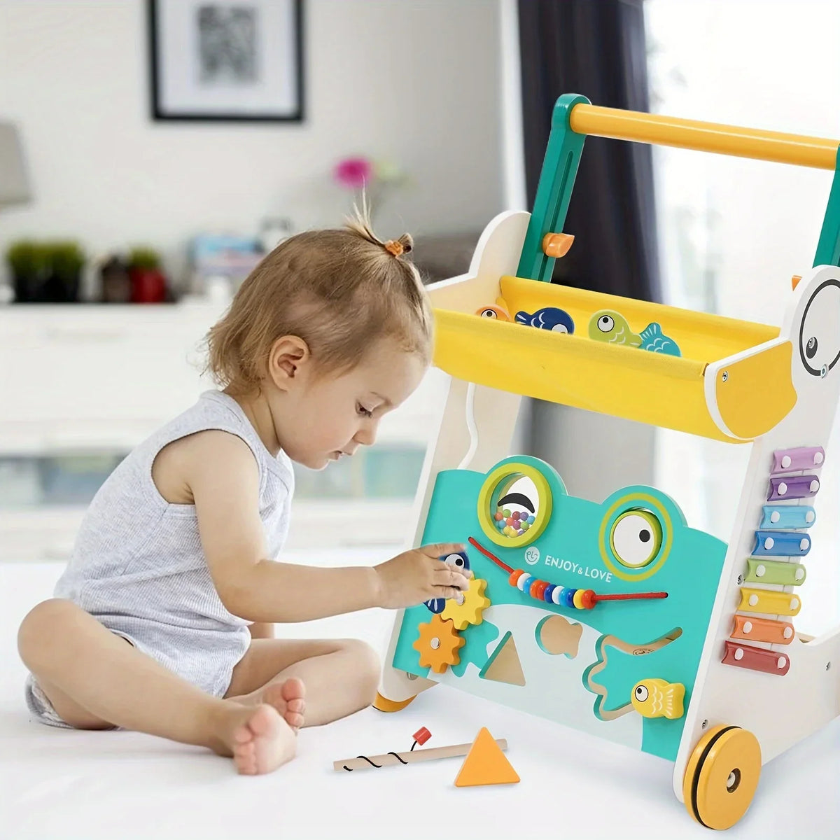 Activity Center Toy Baby Kids with for Boys Girls Multiple Infants Learning Wooden Baby Sorter Along Walker Xylophone Entertainment Walker Push Sit-to-Stand Shape Fishing Trolley Push Toddler