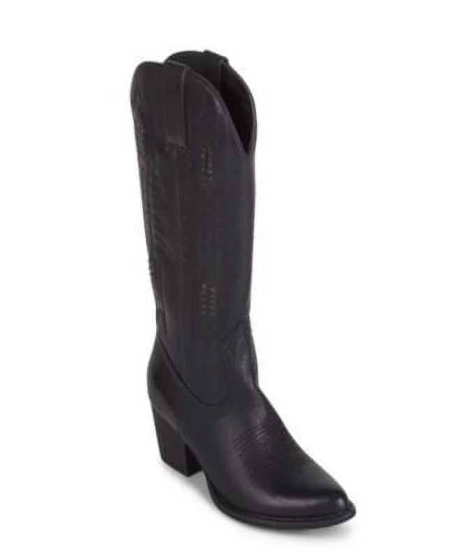 Heel 8.5 Whip-Stitch Padded Texan Black Detailing Boot Block Western Pointed Womens Toe WANTED Tabs Woven Pull