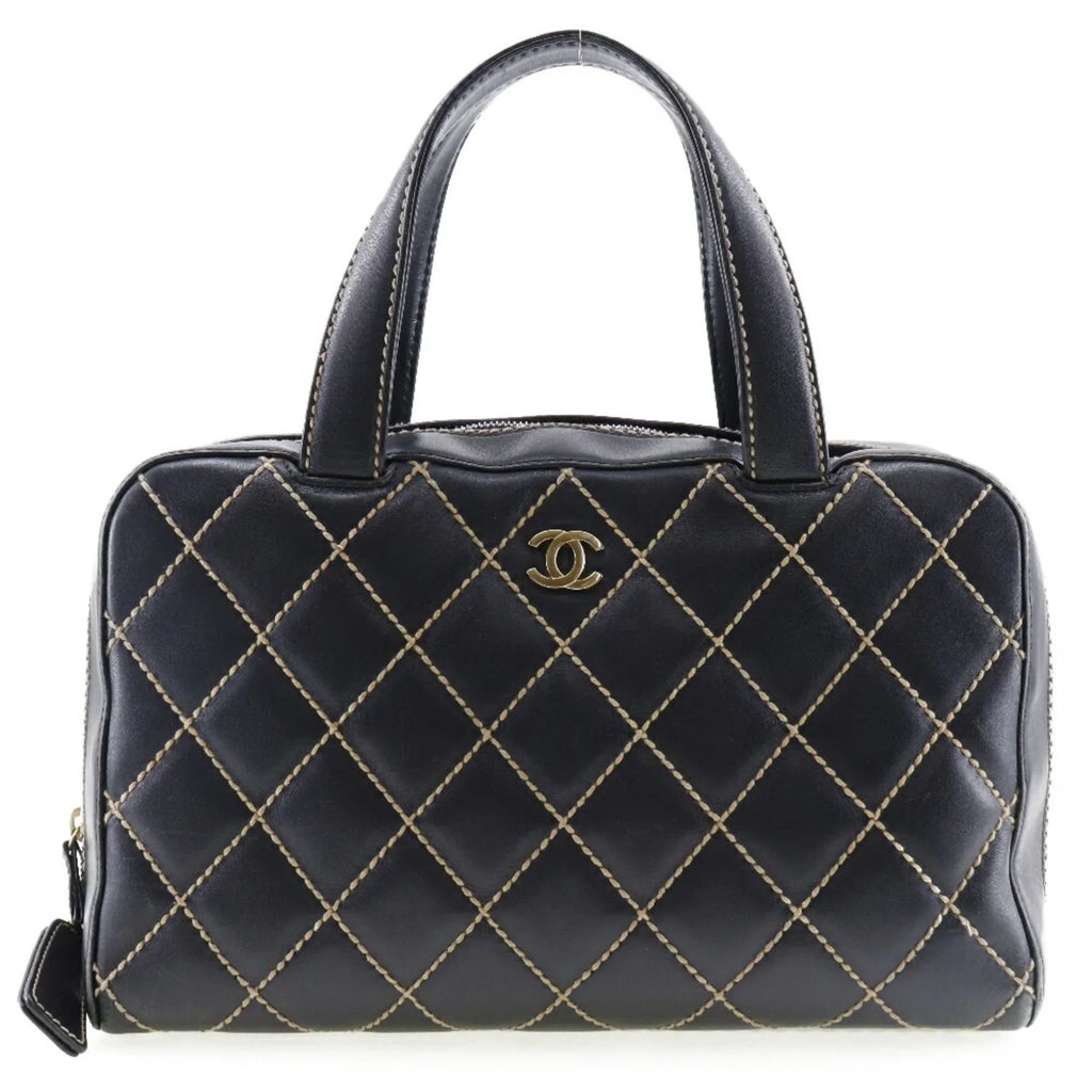 Boston Pre-Owned Wild Handbag Ladies Black Calf Mini (Fair) A14692 Stitch