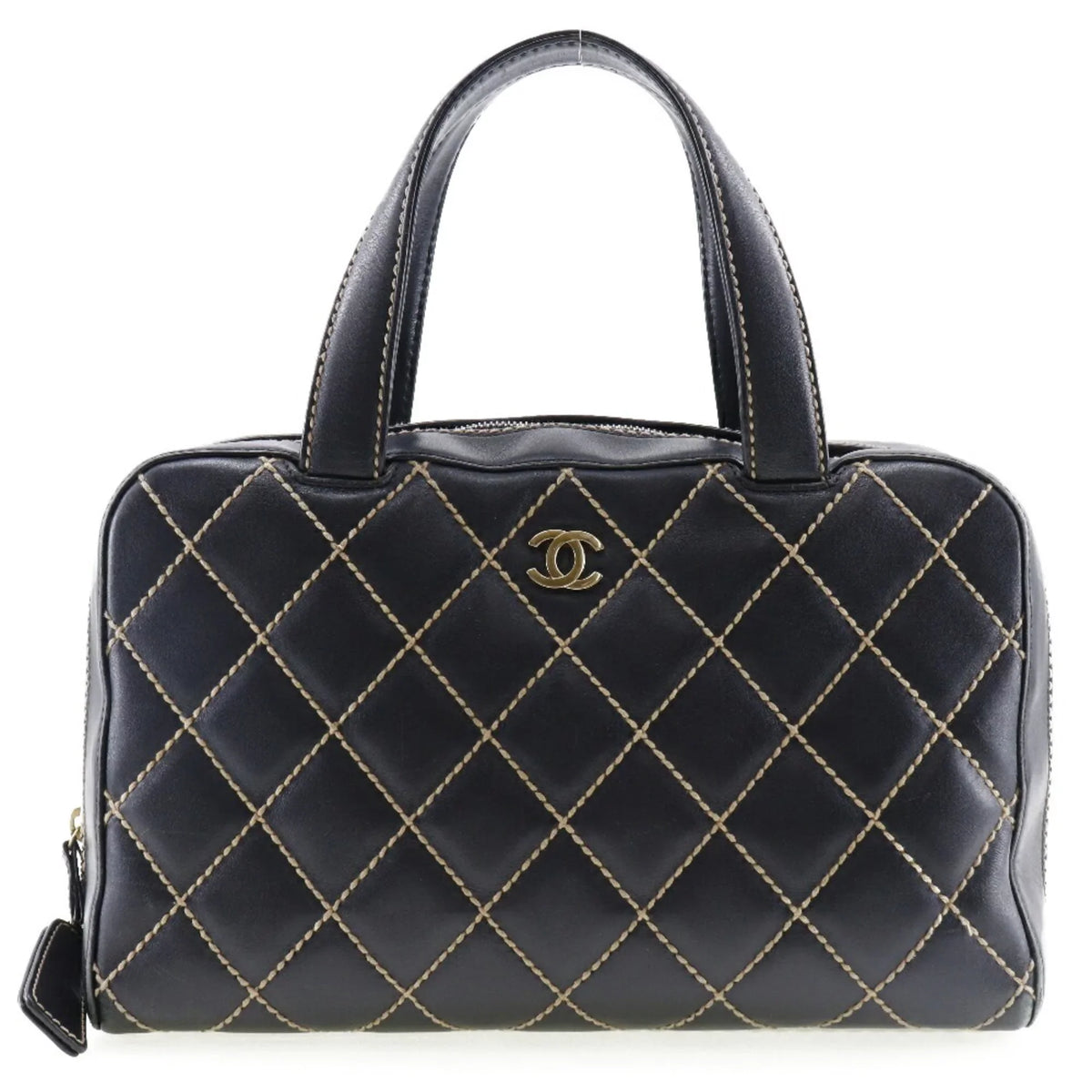 Boston Pre-Owned Wild Handbag Ladies Black Calf Mini (Fair) A14692 Stitch