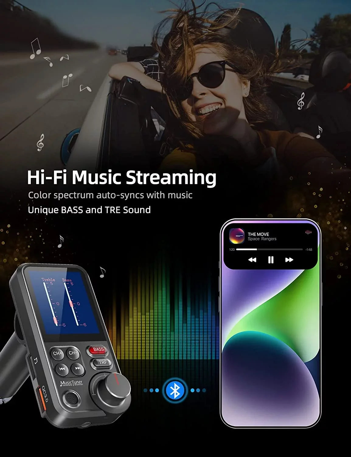 FM Transmitter Color Supports car, Strong Bluetooth and Calls, 1.8" Bluetooth Music Free Adapter for KM30 Microphone Bass Charging, Sound Player- Car QC3.0 for Treble Hands Screen with