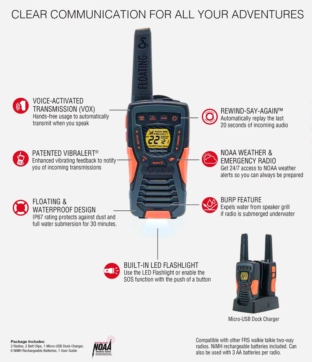ACXT1037R-FLT - 37-mile Range Talkies Walkie Cobra Two-Way Radios Floating, Rechargeable (2-Pack)