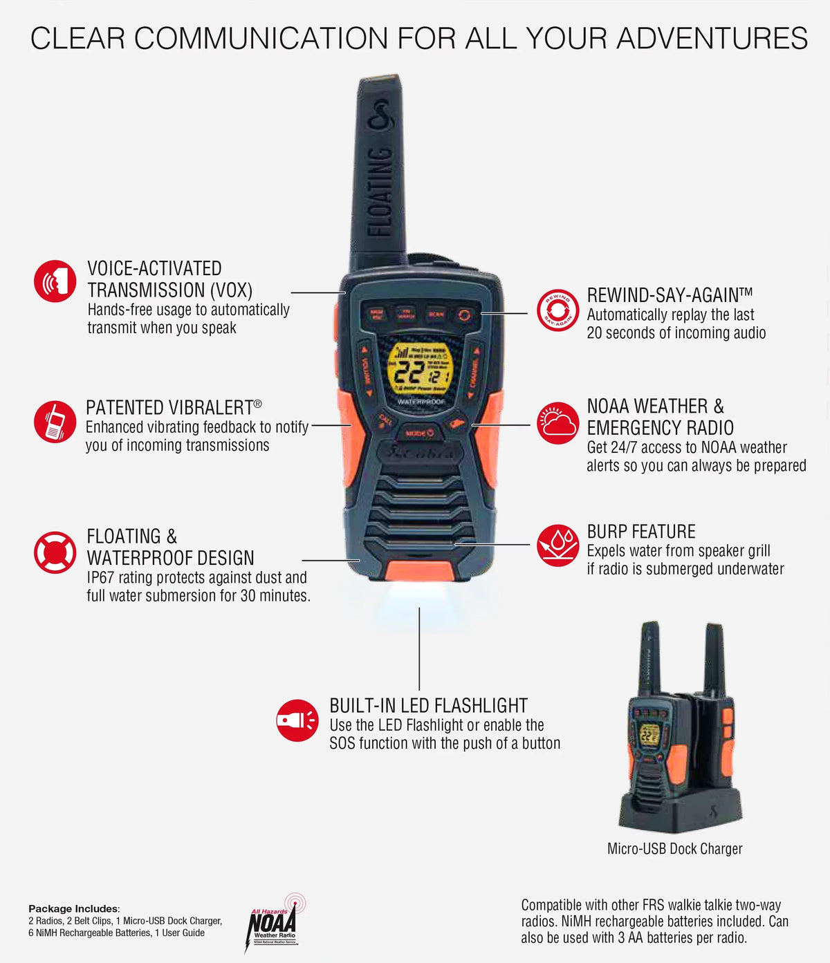 ACXT1037R-FLT - 37-mile Range Talkies Walkie Cobra Two-Way Radios Floating, Rechargeable (2-Pack)
